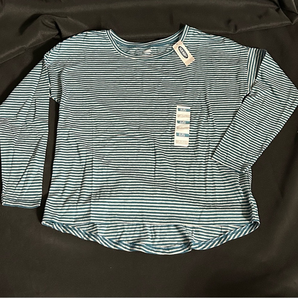 Old Navy Girls Lightweight Striped Long Sleeve Tee Teal & Gray MD NWT